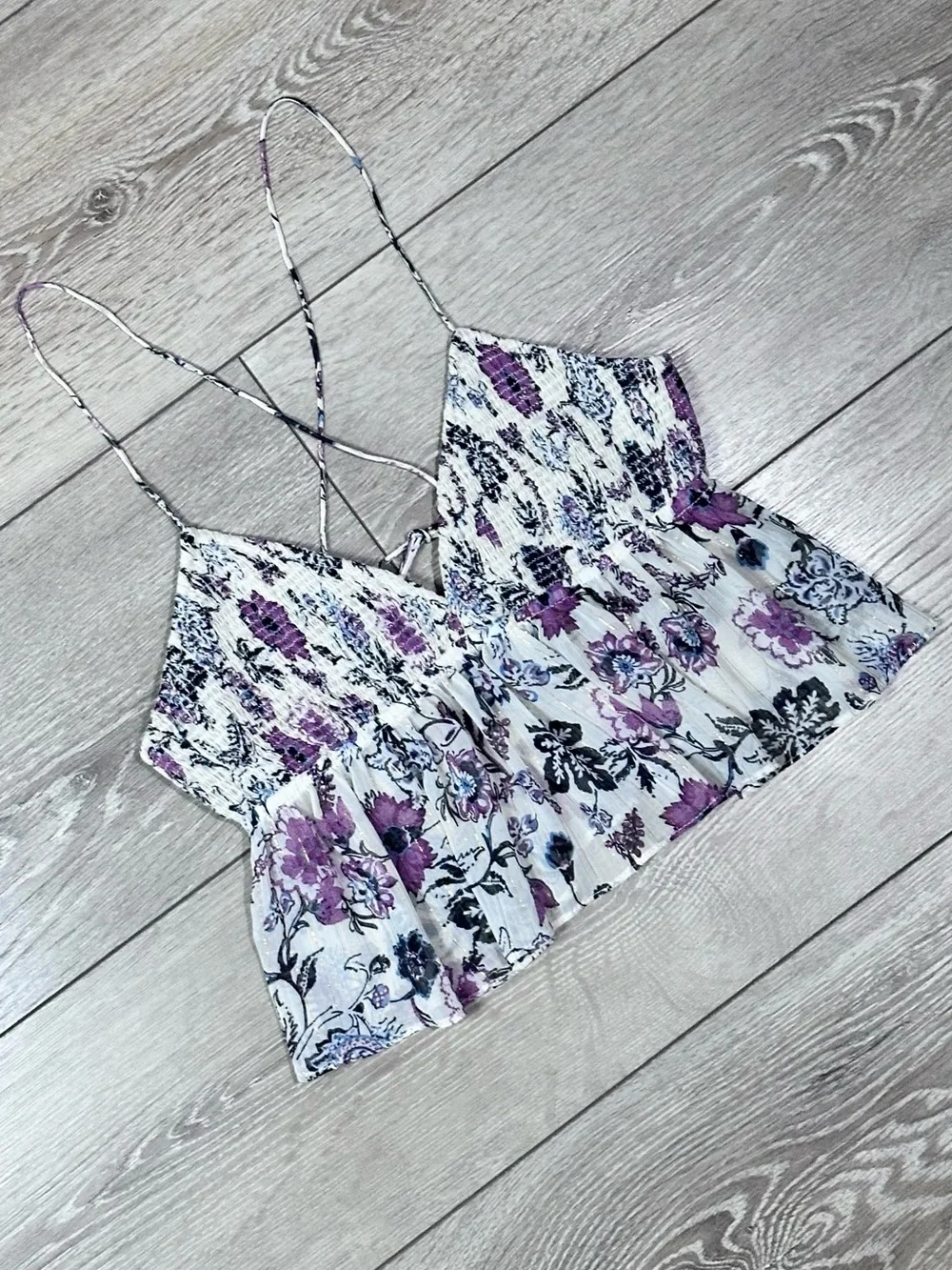 Zara Floral Metallic Smocked Peplum Crop Tank Top